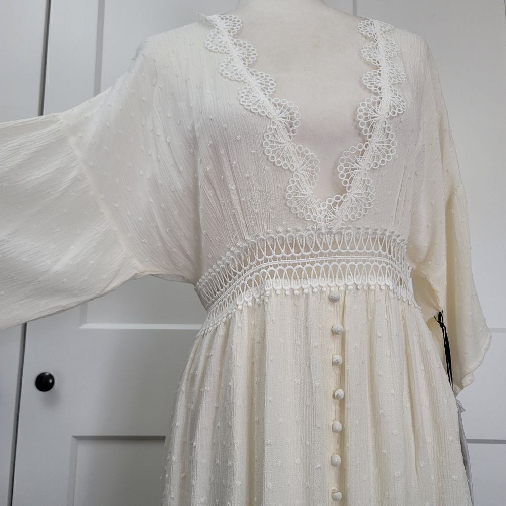 Boho Lace-Trim Cream Maxi Dress with Crochet Waist - Picture 10 of 14